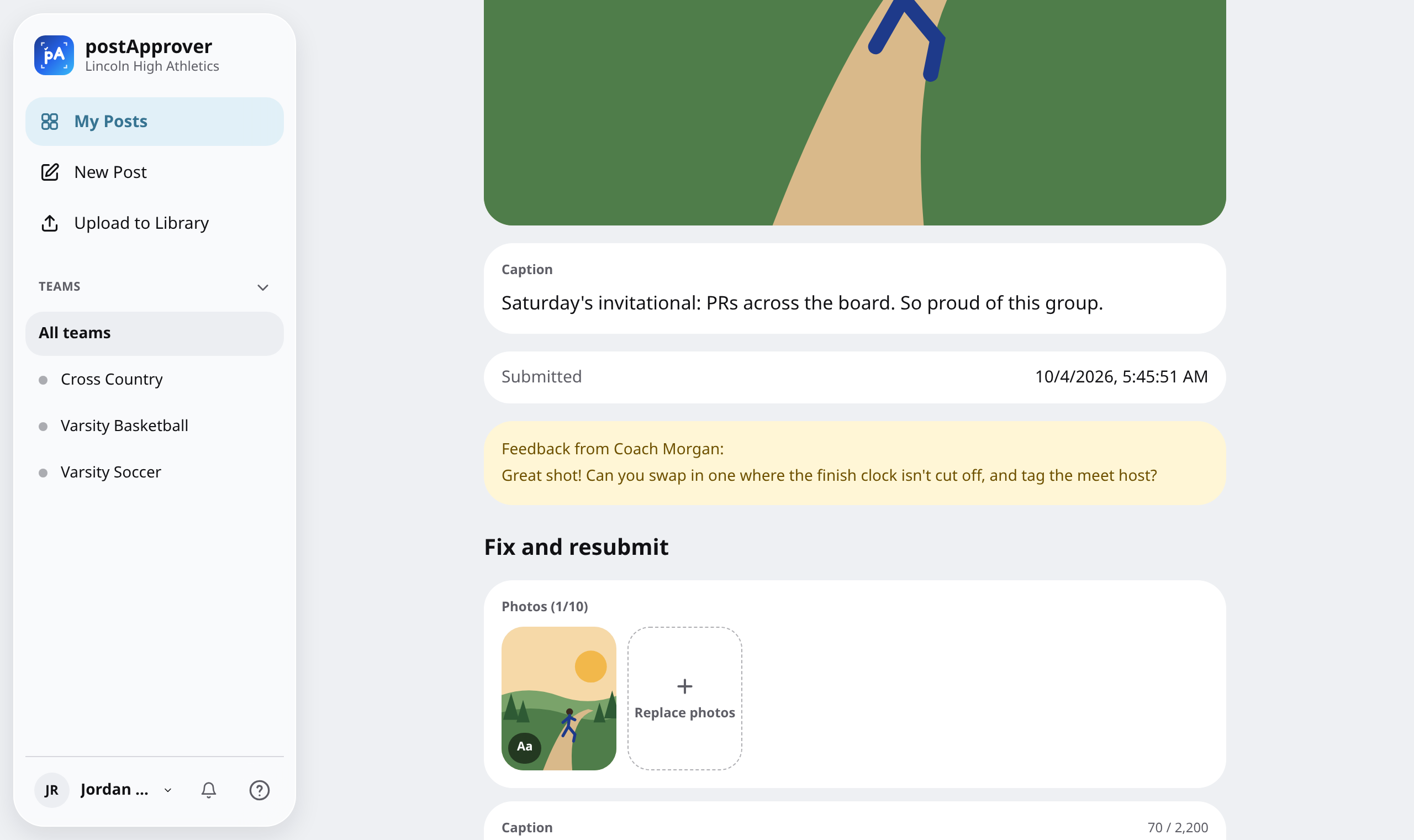 A student’s rejected post showing feedback from the coach and a Fix and resubmit form