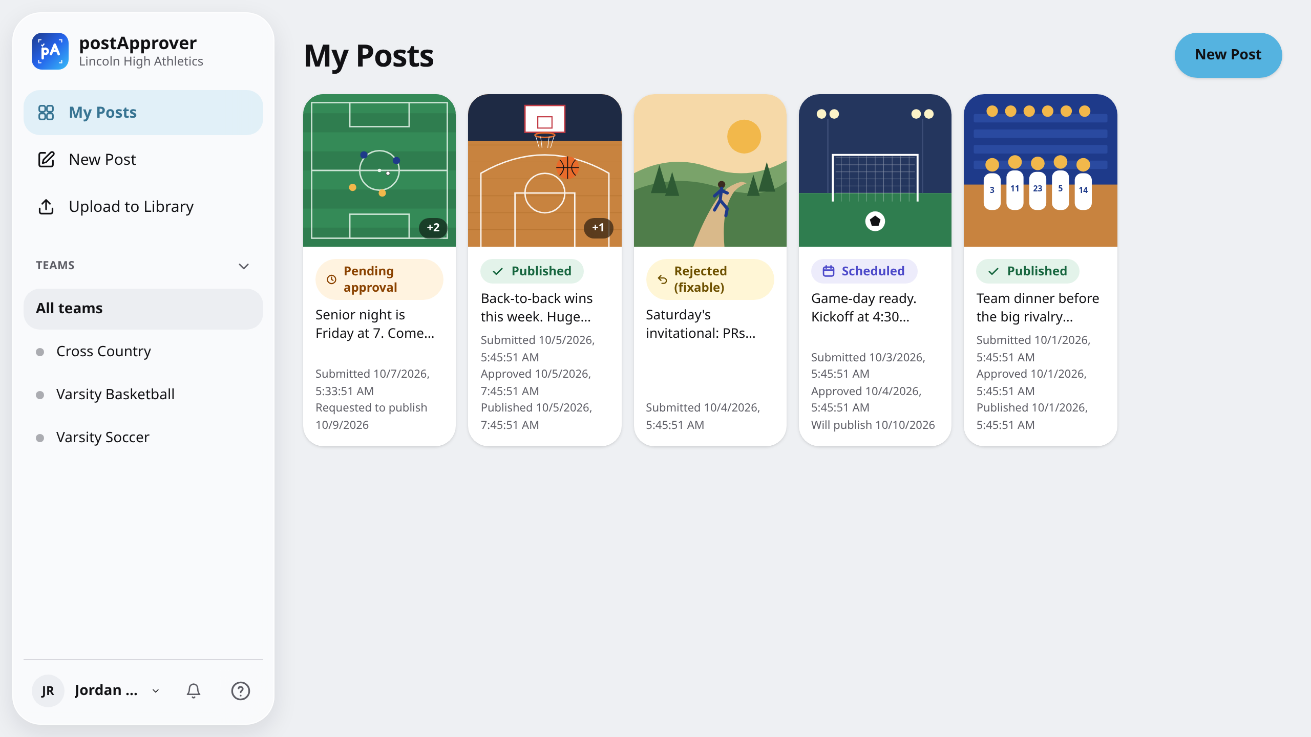 My Posts showing posts that are pending approval, published, rejected (fixable) and scheduled