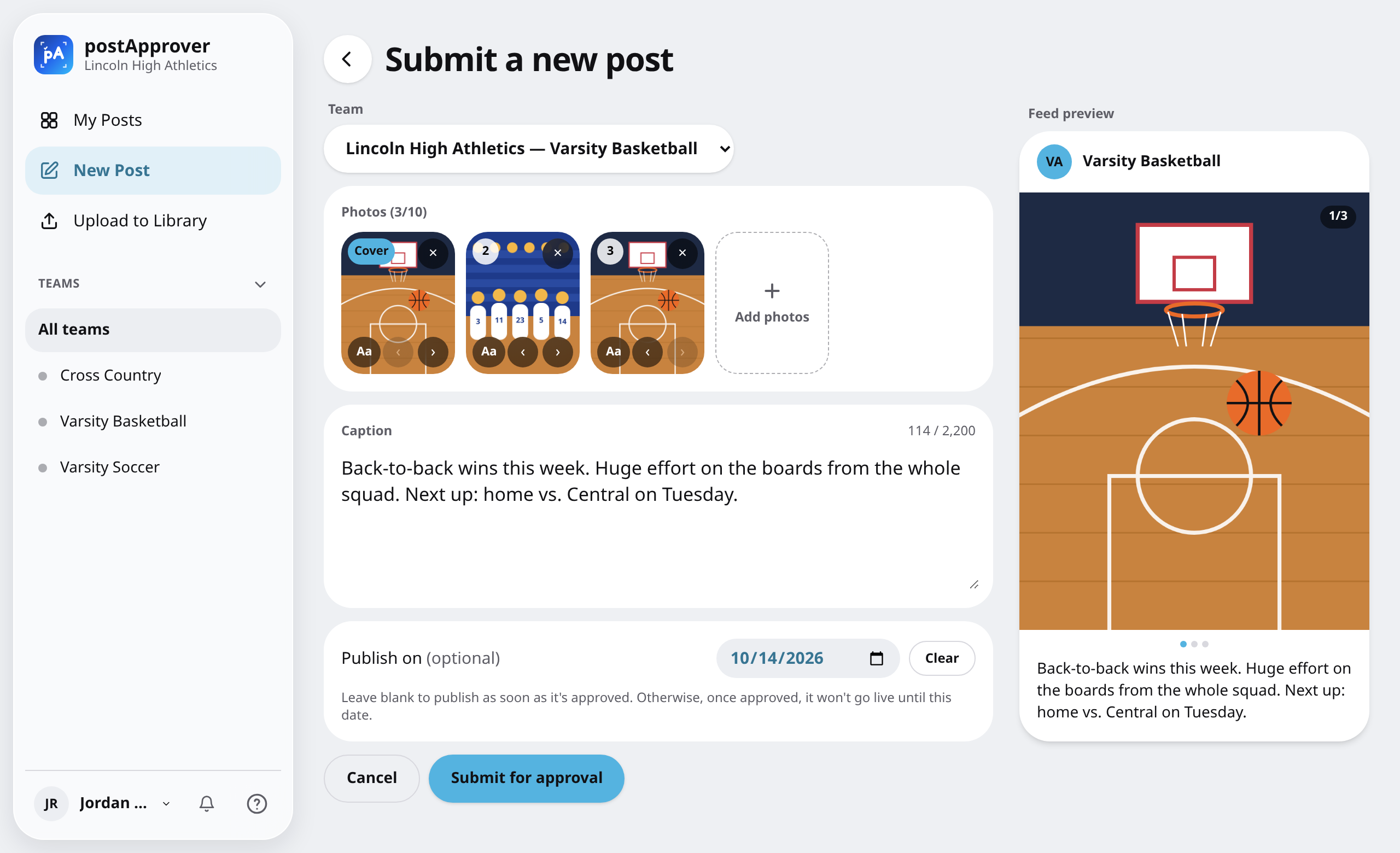 The Submit a new post screen with three basketball photos, a caption, a requested publish date and a feed preview